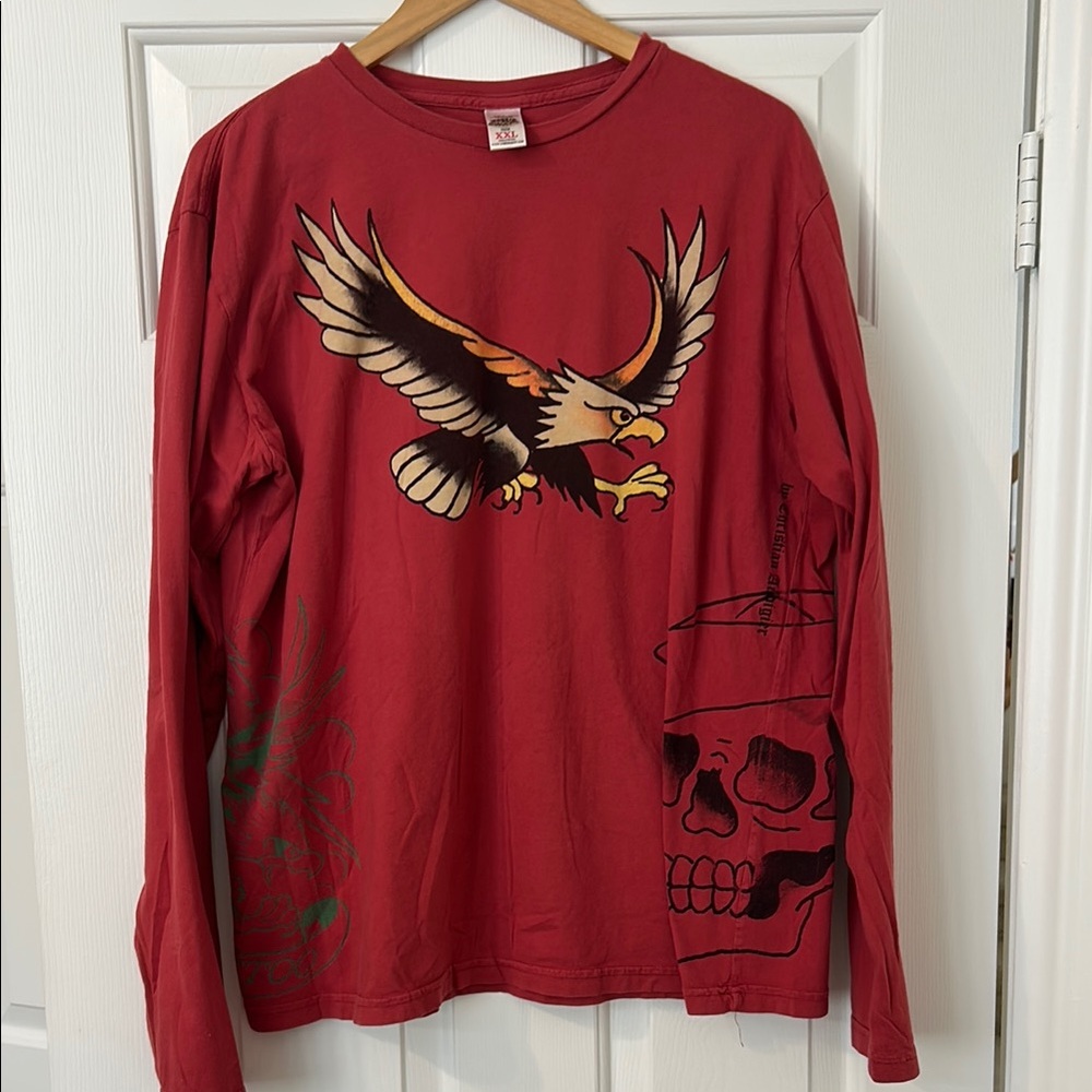 Christian Audigier Ed Hardy Red Long Sleeve Tee with Bold Eagle Graphic